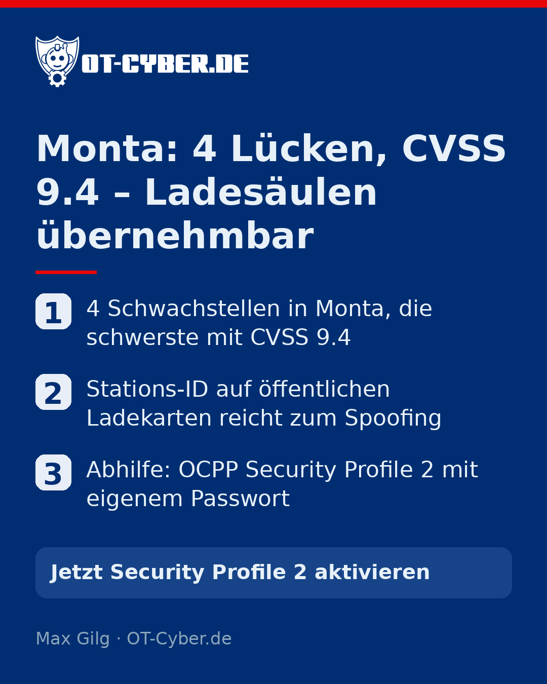 Infografik: Monta: 4 Lücken, CVSS 9.4 – Ladesäulen übernehmbar