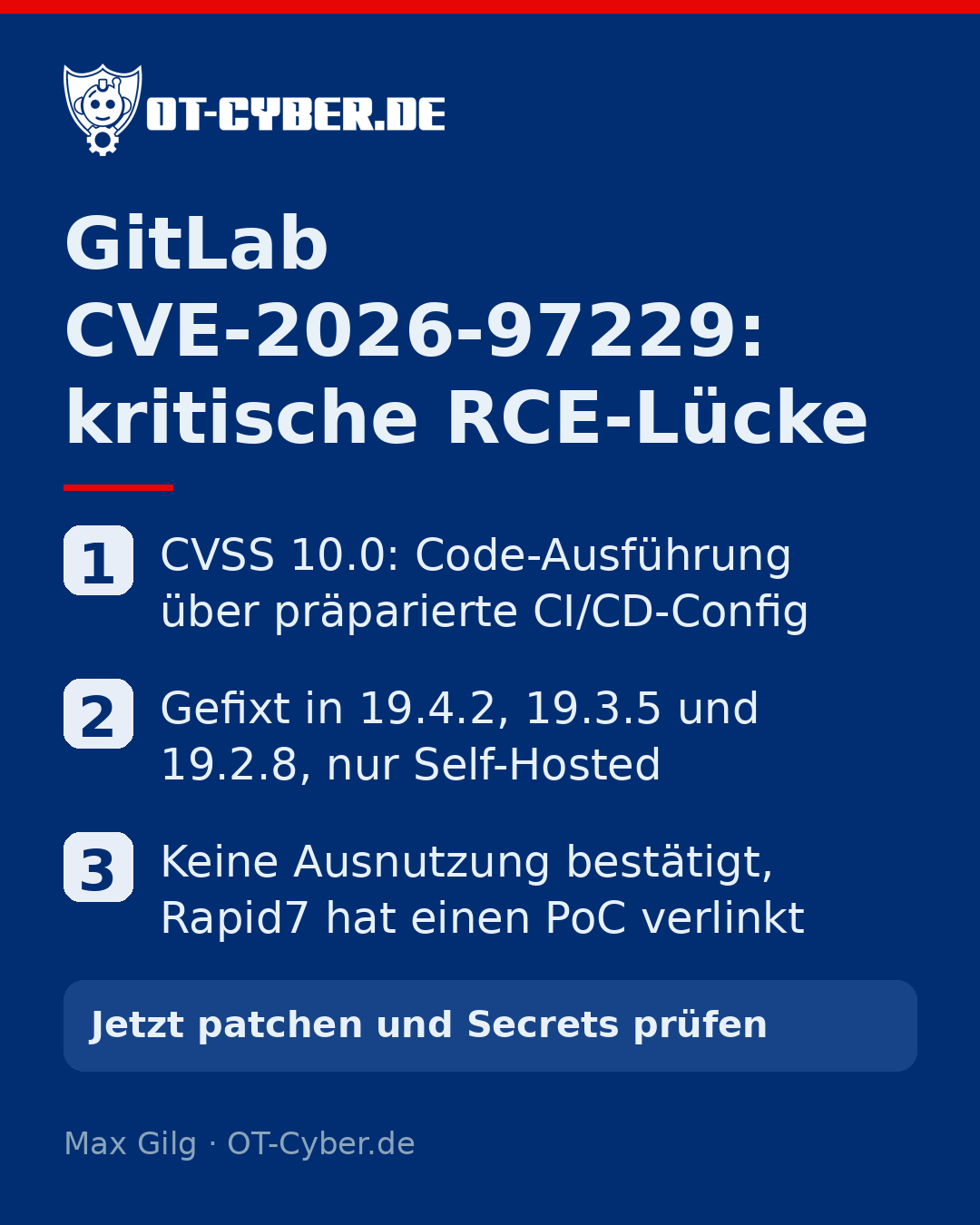 Infografik: GitLab CVE-2026-97229: kritische RCE-Lücke
