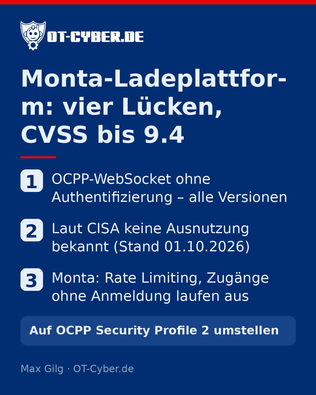 Infografik: Monta-Ladeplattform: vier Lücken, CVSS bis 9.4